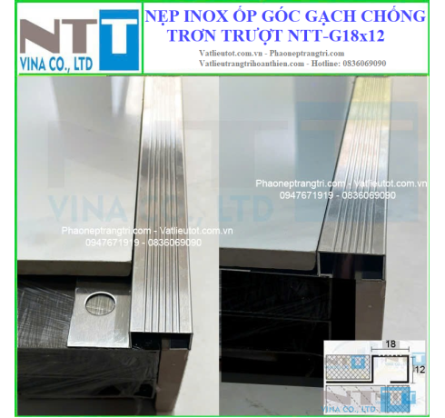 Nẹp inox ốp góc gạch chống trơn trượt NTT-G18x12