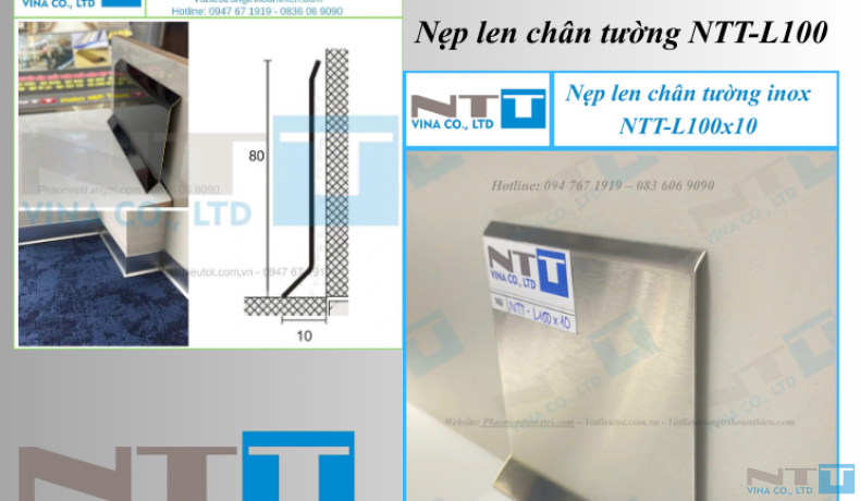 Nẹp inox len chân tường – Phào chân tường inox NTT-L80 & NTT-L100